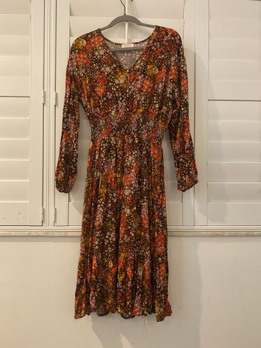 Floral V-Neck Long Sleeve Midi Dress - Brown Multi